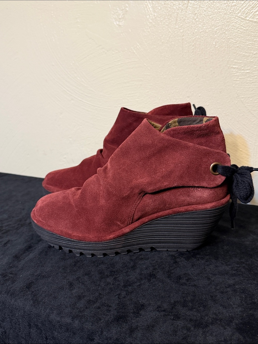 Fly London Wine colored suede wedge booties size 39/8.5